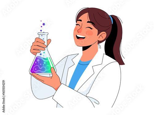 Scientist in Action: a smiling scientist in a lab coat, holding a chemical beaker with a mixture of vibrant colorful bubbling chemical.