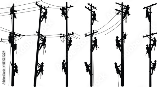 Silhouette vector illustration depicting an electrical substation with two high-voltage transmission towers, a central utility pole, and a large transformer, against a white background
