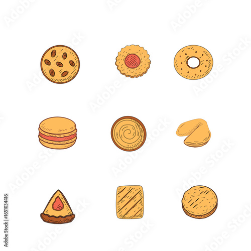 Cookies and biscuits doodle set. Chocolate Chip Cookies doodle seamless pattern. Collection of hand-drawn pastries. Cute cookie seamless pattern background. biscuits pattern background.