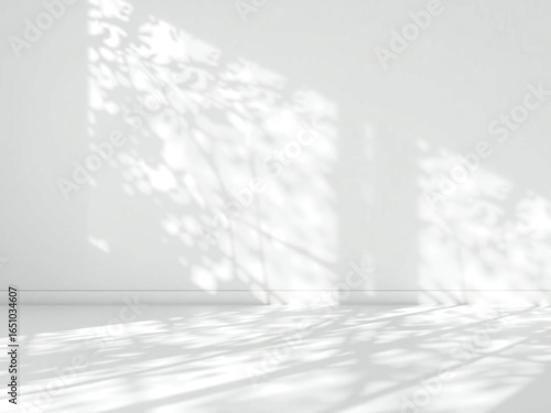Soft natural light casting dappled shadows of leaves on a minimalist white room wall and floor