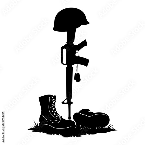 Vector silhouette of military memorial with rifle helmet and boots on a white background
