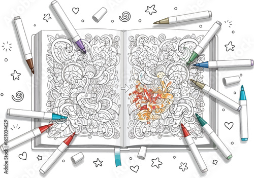 Open coloring book with intricate floral design and coloring markers.