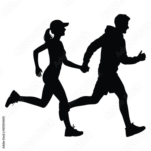 Silhouettes of two runners holding hands in motion, symbolizing connection, support, and shared determination in a minimalist athletic scene