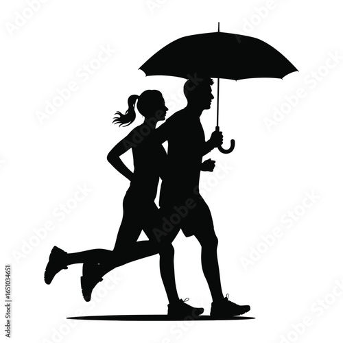 Silhouettes of two runners, one holding an umbrella, captured in motion against a minimalist backdrop, symbolizing care and determination