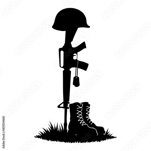 Vector silhouette of military memorial with rifle helmet boots and dog tags shown