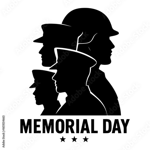 Vector silhouette of military personnel with memorial day text and star symbols