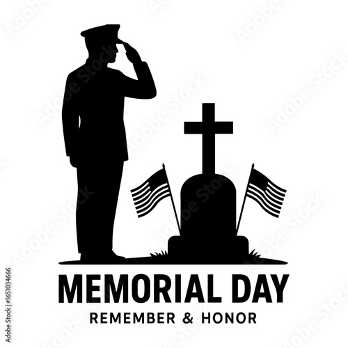 Vector silhouette of soldier saluting a grave with flags for memorial day event