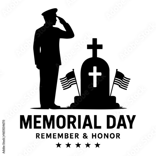 Vector silhouette of soldier saluting a grave with flags for memorial day observance
