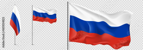 Set of realistic Russian flags. Flags of Russia isolated on checkered background. Templates of flags for decoration Russian events. White, blue and red symbols of Russia. Vector illustration.