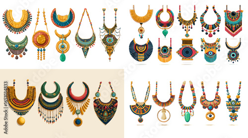 Vibrant bohemian necklace collection with tribal and ethnic details in colorful tones. Perfect for jewelry design, fashion illustration, cultural patterns, and creative decorative projects.