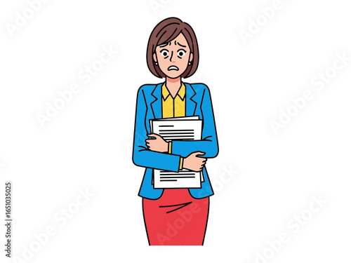 Uncertainty in Professionalism: A professional woman, captured in a clean illustration, conveys a sense of worry, clutching documents tightly, hinting at the complexities of the office setting.