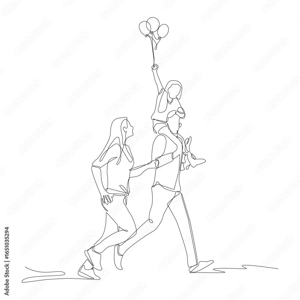 Fototapeta premium One continuous line drawing small family running while holding her child happy family concept