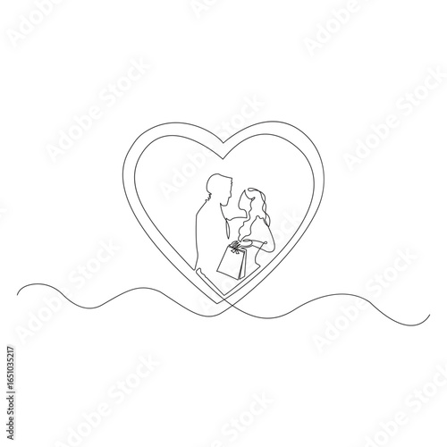 One continuous line drawing couple of lovers give holiday gifts with love and hug staring