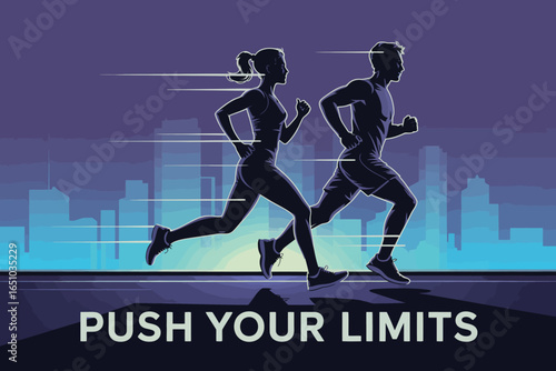 Silhouettes of male and female runners in motion against cityscape with “Push Your Limits” text, symbolizing fitness, speed, and drive