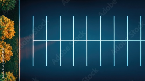 Aerial view showcasing parking lot with vibrant trees framing ed