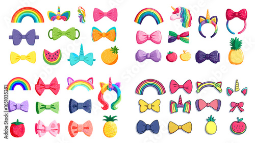 Vibrant cartoon-style set of rainbow bows, unicorns, and fruit-shaped accessories. Ideal for kids’ fashion, sticker design, stationery decoration, and cheerful digital illustrations.