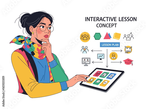 Interactive lesson concept: A woman in spectacles engages with a digital lesson plan interface. Exploring a lesson idea with a stylus and tablet, surrounded by icons symbolizing the process.