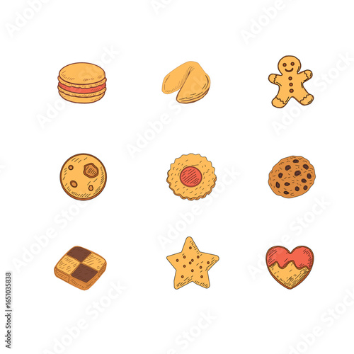 Cookies and biscuits doodle set. Chocolate Chip Cookies doodle seamless pattern. Collection of hand-drawn pastries. Cute cookie seamless pattern background. biscuits pattern background.
