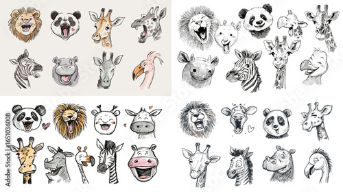 Charming animal face collection featuring lion, panda, giraffe, zebra, hippo, and cow in sketch and watercolor style. Ideal for children’s art, zoo posters, stickers, and playful decor.