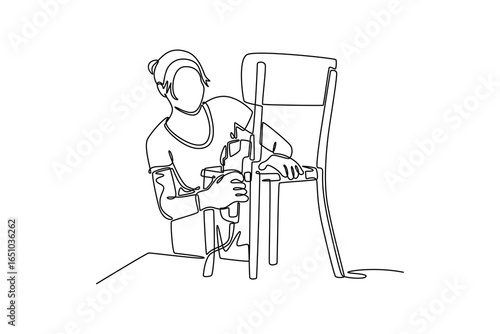 Craftswoman using electric sander for restoring old chair, upcycling. Sustainability home concept. Single line draw design. Vector graphic illustration