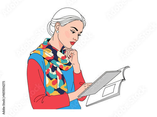 Reading with Style: A woman engrossed in reading, a fashionable woman perusing a magazine or book, showing interest and curiosity. capturing a moment of quiet contemplation with elegance and grace.