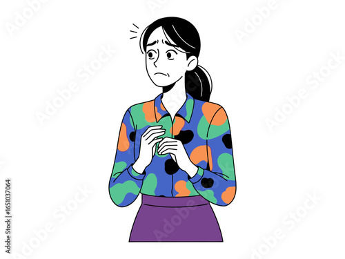 Anxious woman: A woman in a colorful shirt stands with a worried expression on her face. Her body language speaks to her concerns