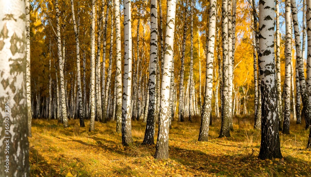Fototapeta premium Autumn birch forest panorama