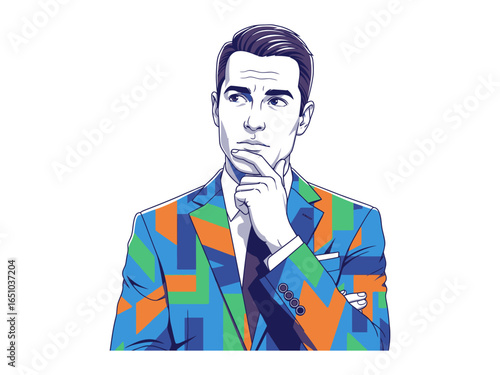 Dapper Mind: A stylish illustration of a contemplative individual, captured in a moment of thought, elegantly attired in a patterned suit. 