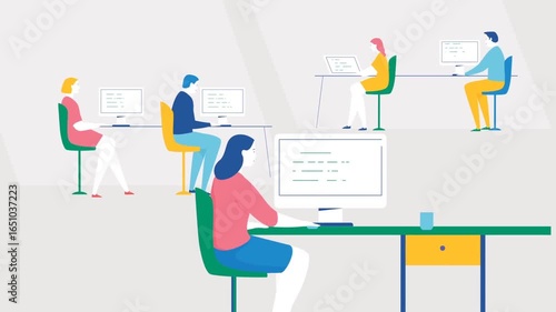 Office workspace animation, employees working on computers in professional corporate environment