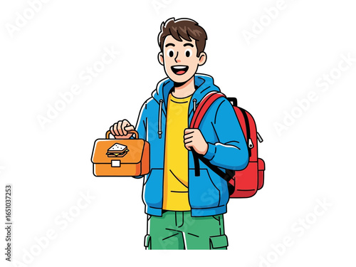 Schoolboy with Backpack and Lunchbox: A cheerful young schoolboy, wearing a backpack and holding a lunchbox, is ready for his day at school, showcasing anticipation and readiness. 