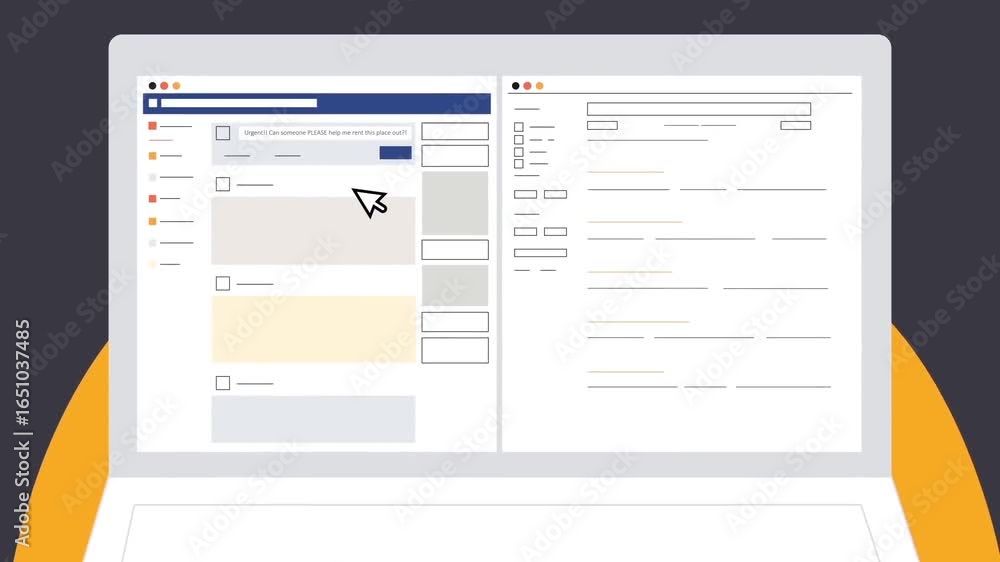 Animated laptop with email inbox, checking messages and managing communication in digital workspace
