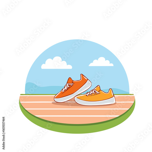 Modern flat vector illustration style of running shoes on a track