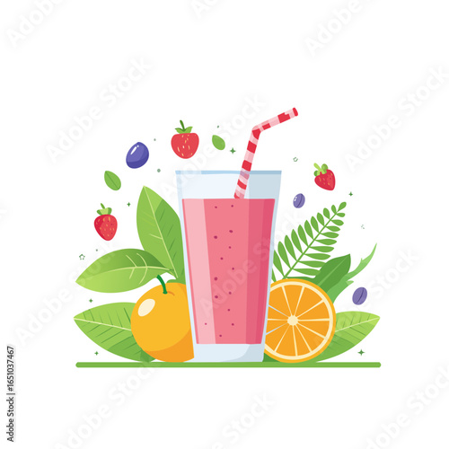 Modern flat vector illustration style of a smoothie glass with fruits around