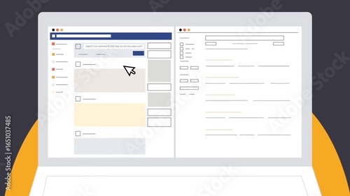 Animated laptop with email inbox, checking messages and managing communication in digital workspace