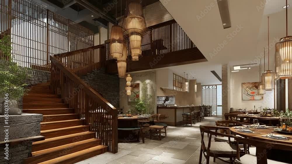 Elegant restaurant interior with wooden staircase