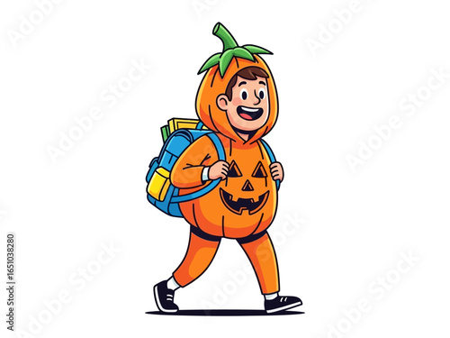 Halloween Pumpkin Costume: A cheerful child, donning a vibrant pumpkin costume and a backpack, embodies the spirit of Halloween, striding with anticipation for trick-or-treating.