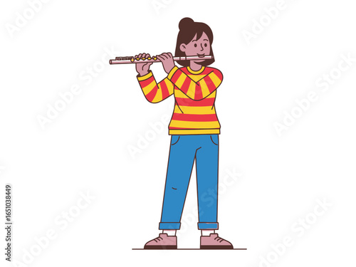 Melodic Breeze: A cartoon illustration of a woman, fully immersed in the art of playing the flute, creates a vibrant musical moment.