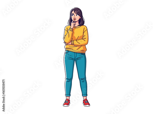 Contemplative Pose: A woman is captured in deep thought, standing, her arm crossing, showing her pensive state, exuding a sense of quiet reflection and introspection.