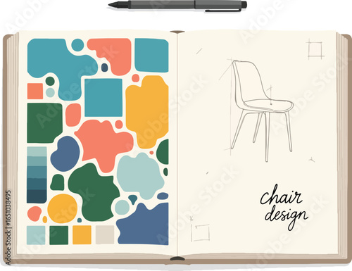 Open sketchbook with chair design sketch and abstract color palette.