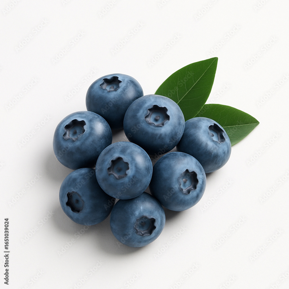 Fototapeta premium Cluster of fresh whole blueberries with green leaves, isolated on a clean white background with soft studio shadow. Minimal food image for nutrition and healthy eating themes.