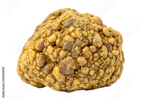 Close-up of a moldy rock with yellowish and grayish patches on a black background