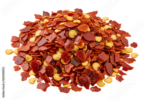 Close-up of a pile of crushed dried chili flakes and seeds on black background