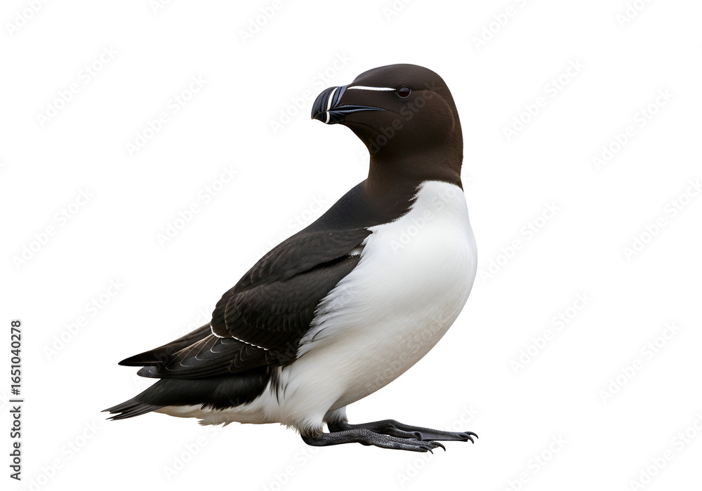 Fototapeta premium Close-up of a Razorbill Bird with Distinctive Beak and Black-White Plumage on a Black Background