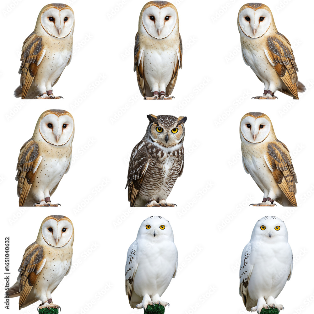 Fototapeta premium Collection of nine owls isolated on transparent background
