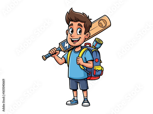A Boy's Adventure: A cheerful young boy with a cricket bat slung over his shoulder and a backpack ready for adventure, embodies the spirit of exploration and active play.