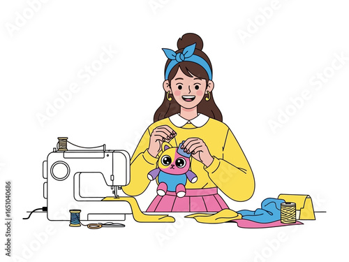 Crafting Dreams: A young woman enthusiastically sews a plush toy, surrounded by the tools of her trade, a testament to creativity and handmade charm.