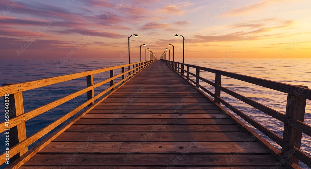 Naklejka premium Wooden pier stretching into the ocean, perspective shot at sunset
