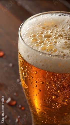 A close up shot of a cold, golden beer in a frosty glass with white foam and abundant condensation, resting on a dark wooden surface.