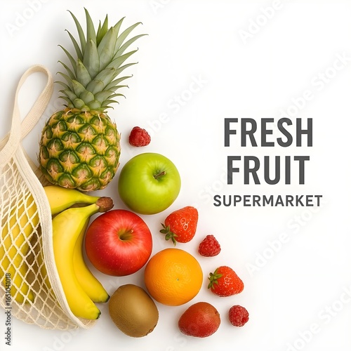 Fresh tropical fruits with eco bag on white background, healthy food concept with copy space for text, supermarket advertisement template, organic nutrition