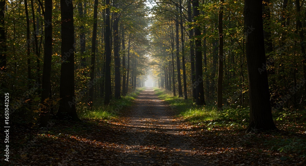 Obraz premium Pathway through a forest with trees in perspective
